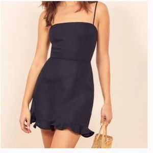 Reformation Kiernan Mini Ruffle Linen Navy Dress 6